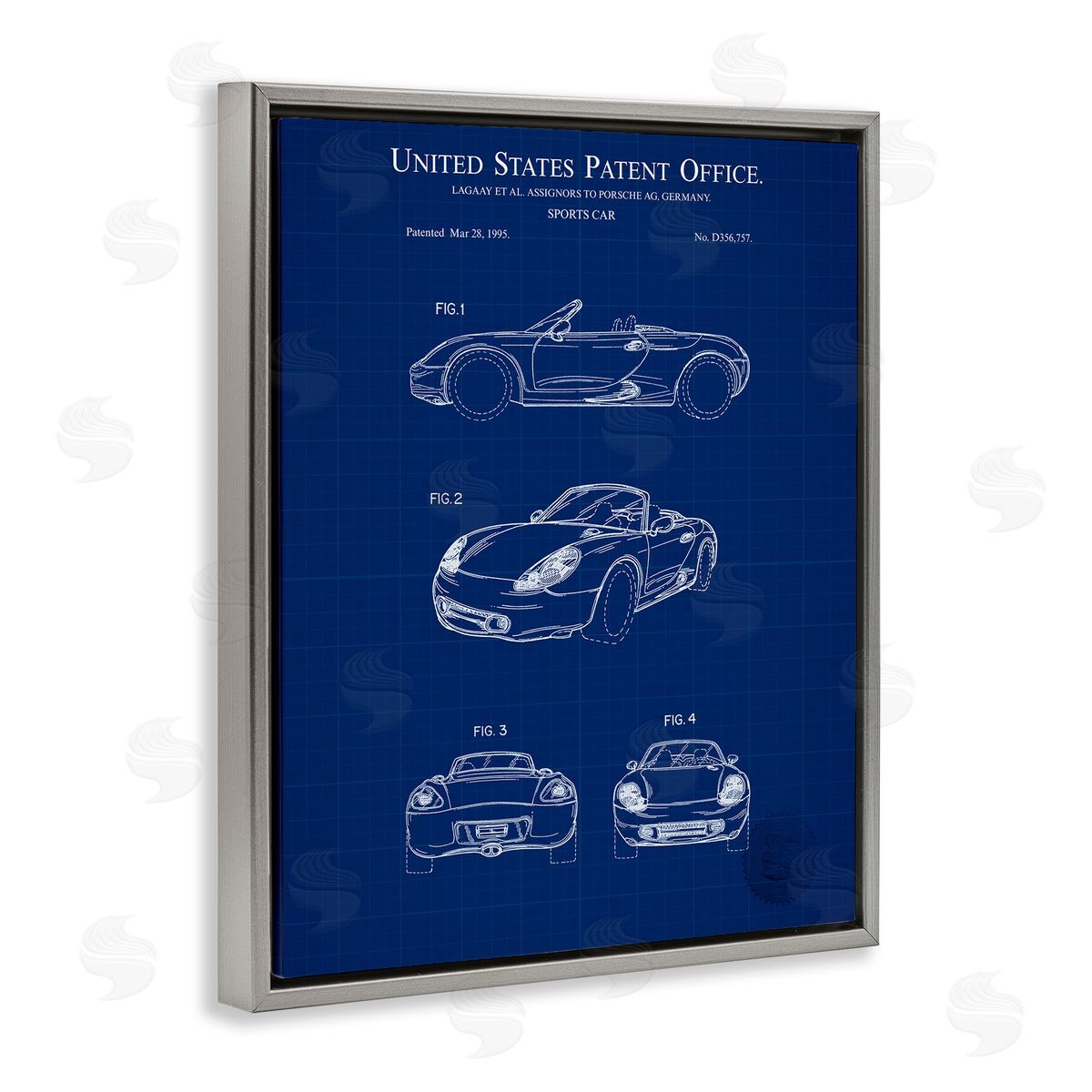 Sports Car Blueprint Grey Floating Frame Canvas Wall Art, Home Decor by Karl Hronek