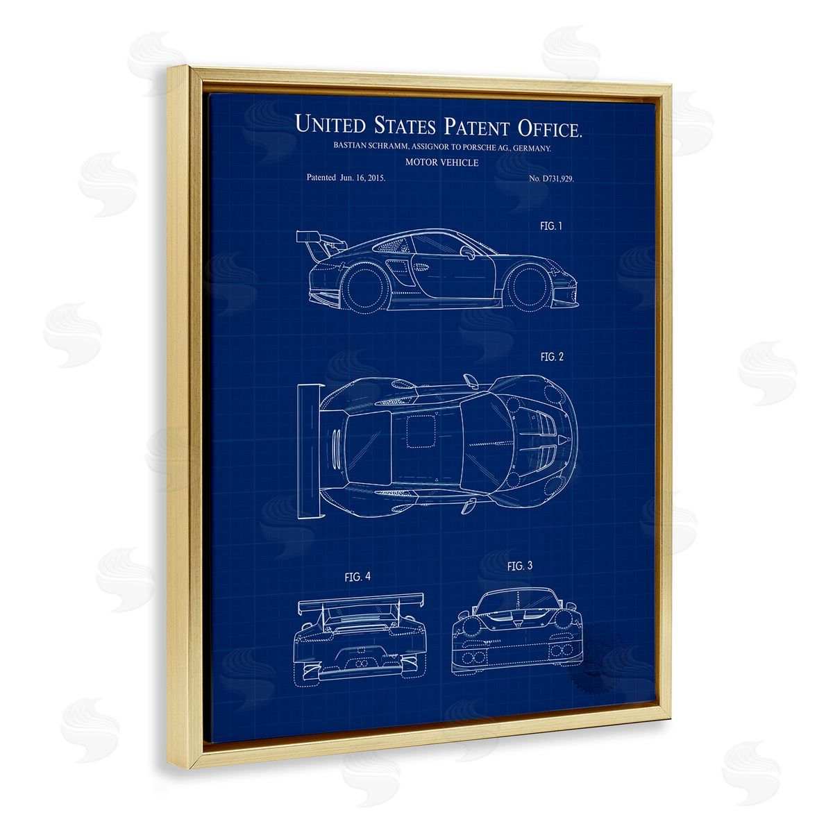 Motor Vehicle Blueprint Gold Floating Frame Canvas Wall Art, Home Decor by Karl Hronek