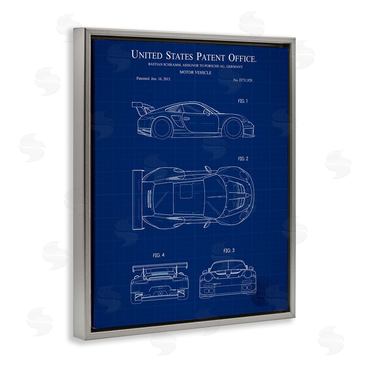 Motor Vehicle Blueprint Grey Floating Frame Canvas Wall Art, Home Decor by Karl Hronek