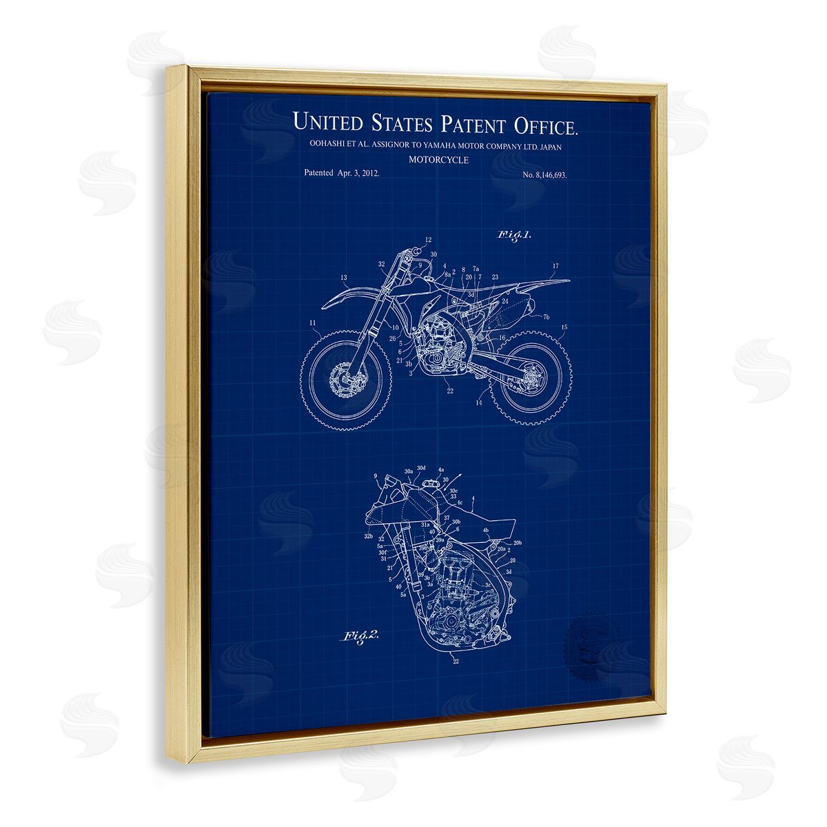 Blue Motorcycle Blueprint Gold Floating Frame Canvas Wall Art, Home Decor by Karl Hronek