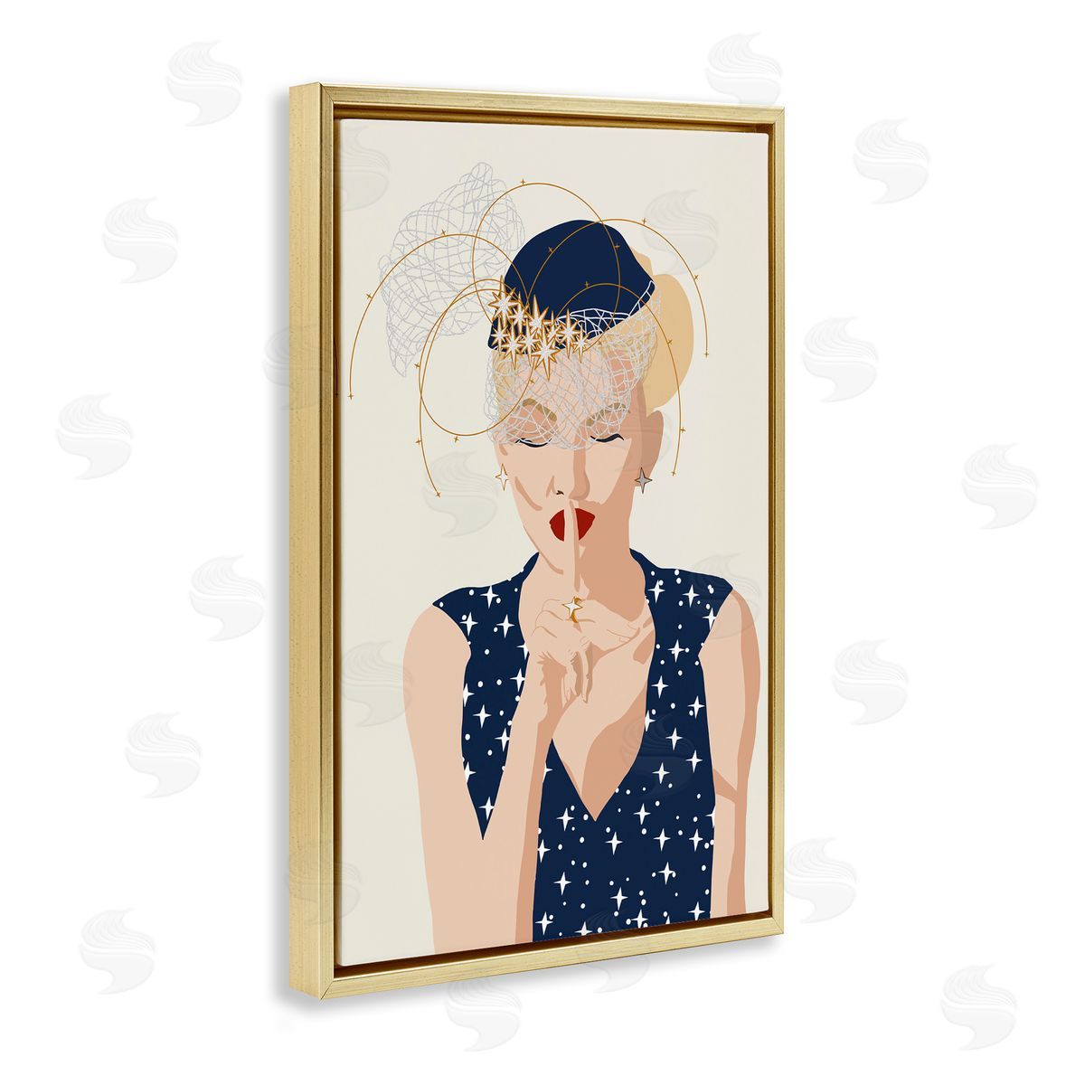 Chic Fashionista Portrait Gold Floating Frame Canvas Wall Art, Home Decor by Jen Bucheli