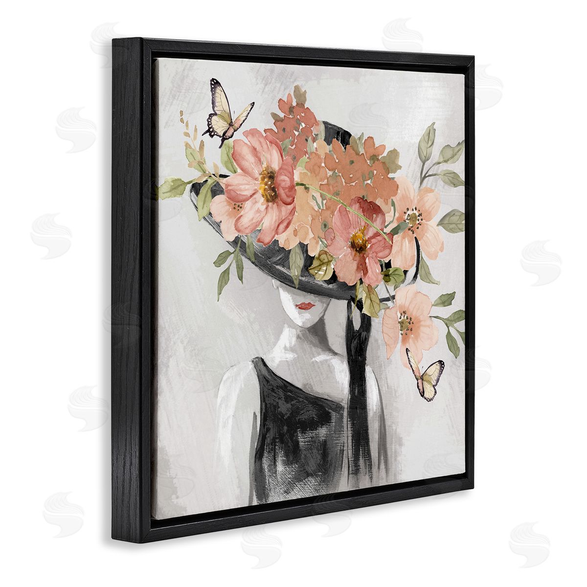 Nan Pink Floral Hat Black Floating Frame Canvas Wall Art Print