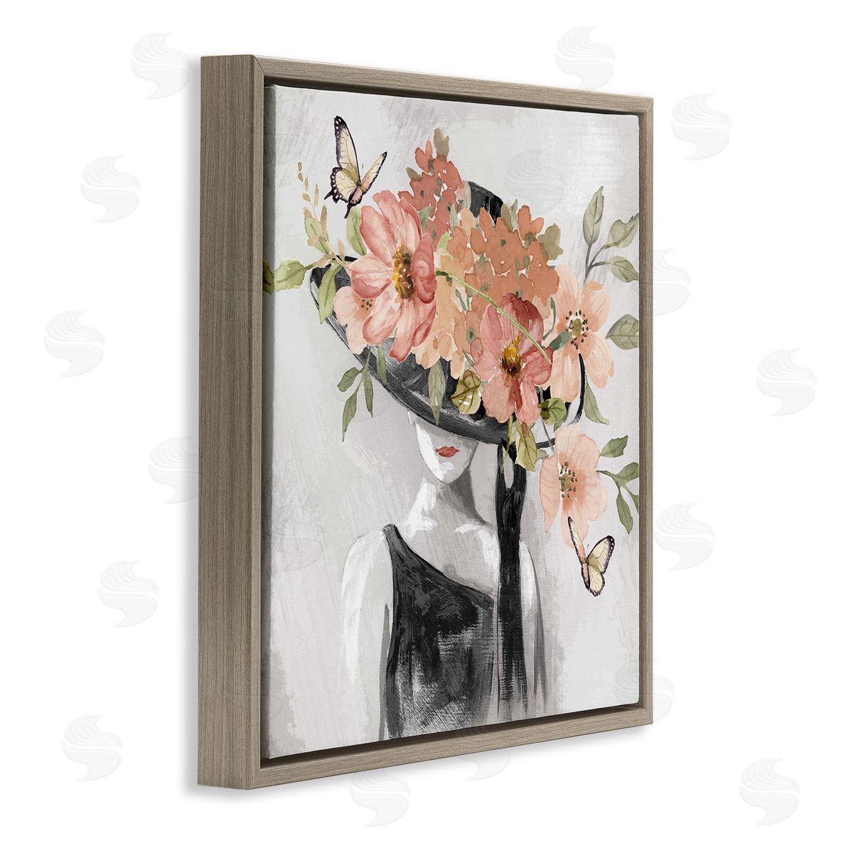 Nan Pink Floral Hat Brown Floating Frame Canvas Wall Art Print