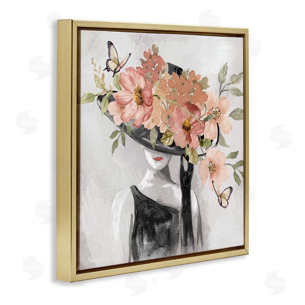 Nan Pink Floral Hat Gold Floating Frame Canvas Wall Art Print