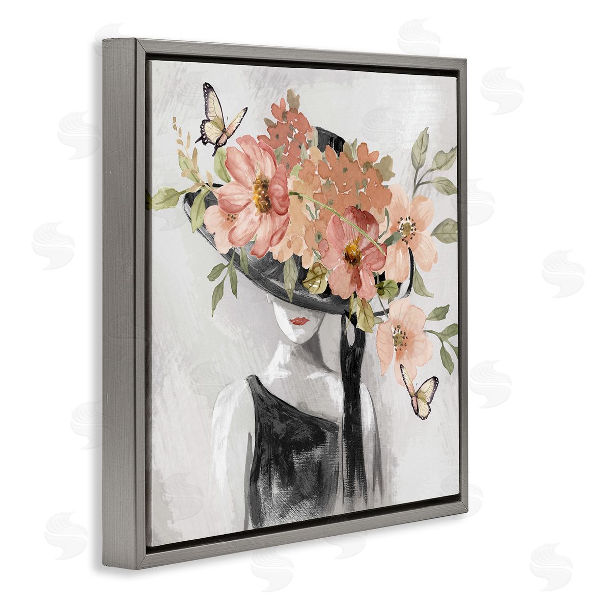 Nan Pink Floral Hat Gray Floating Frame Canvas Wall Art Print