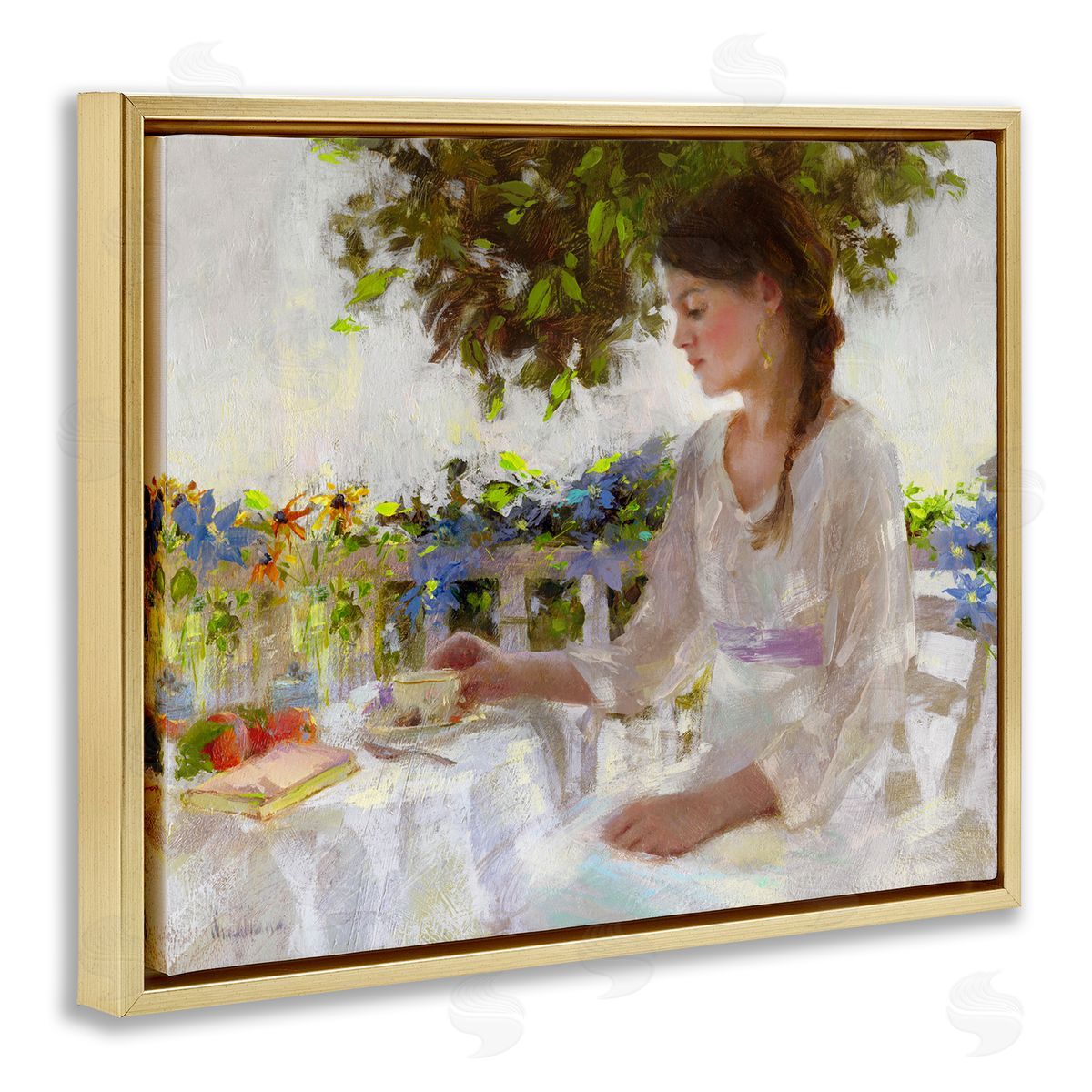 Classic Tea Party Girl Gold Floating Frame Canvas Wall Art, Home Decor by Katie Swatland