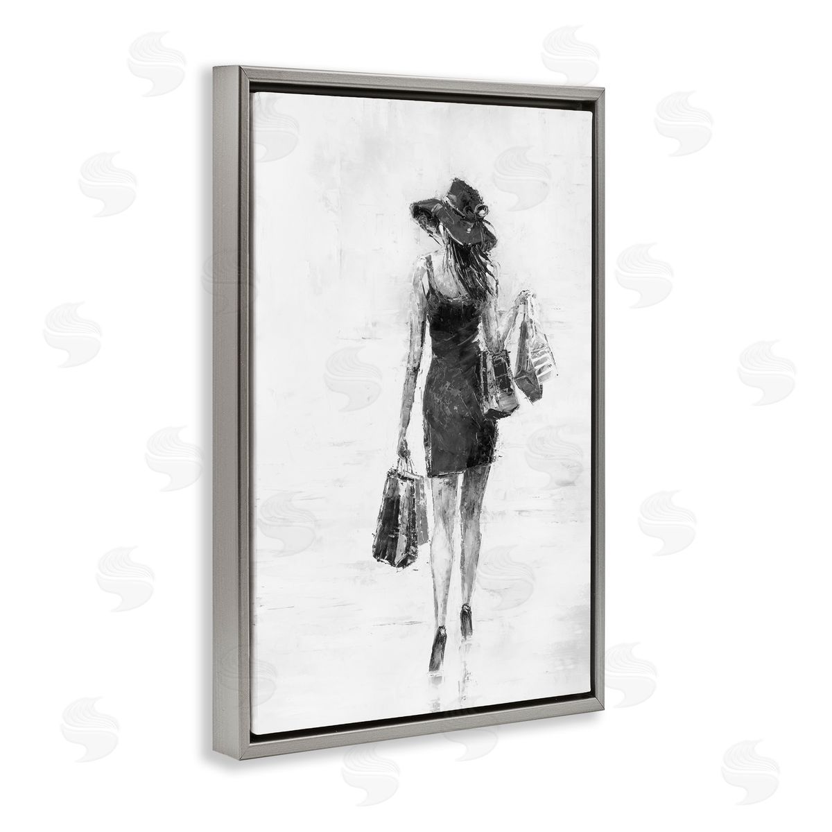 Glam Shopper Girl Grey Floating Frame Canvas Wall Art, Home Decor by Joklanta Kowalik