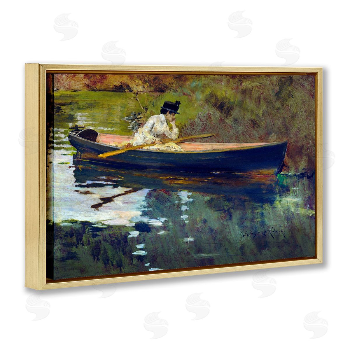 Thoughtful Woman on Canoe Gold Floating Frame Canvas Wall Art, Home Decor by CAD Designs