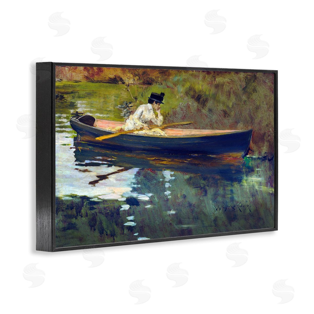 Thoughtful Woman on Canoe Black Frame Print Wall Art, Home Decor by CAD Designs