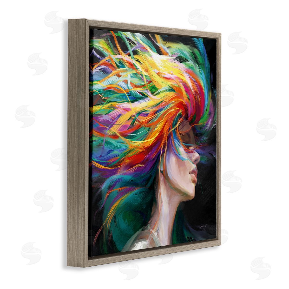 Danhui Nai Woman with Rainbow Hair Brown Floating Frame Canvas Wall Art Print