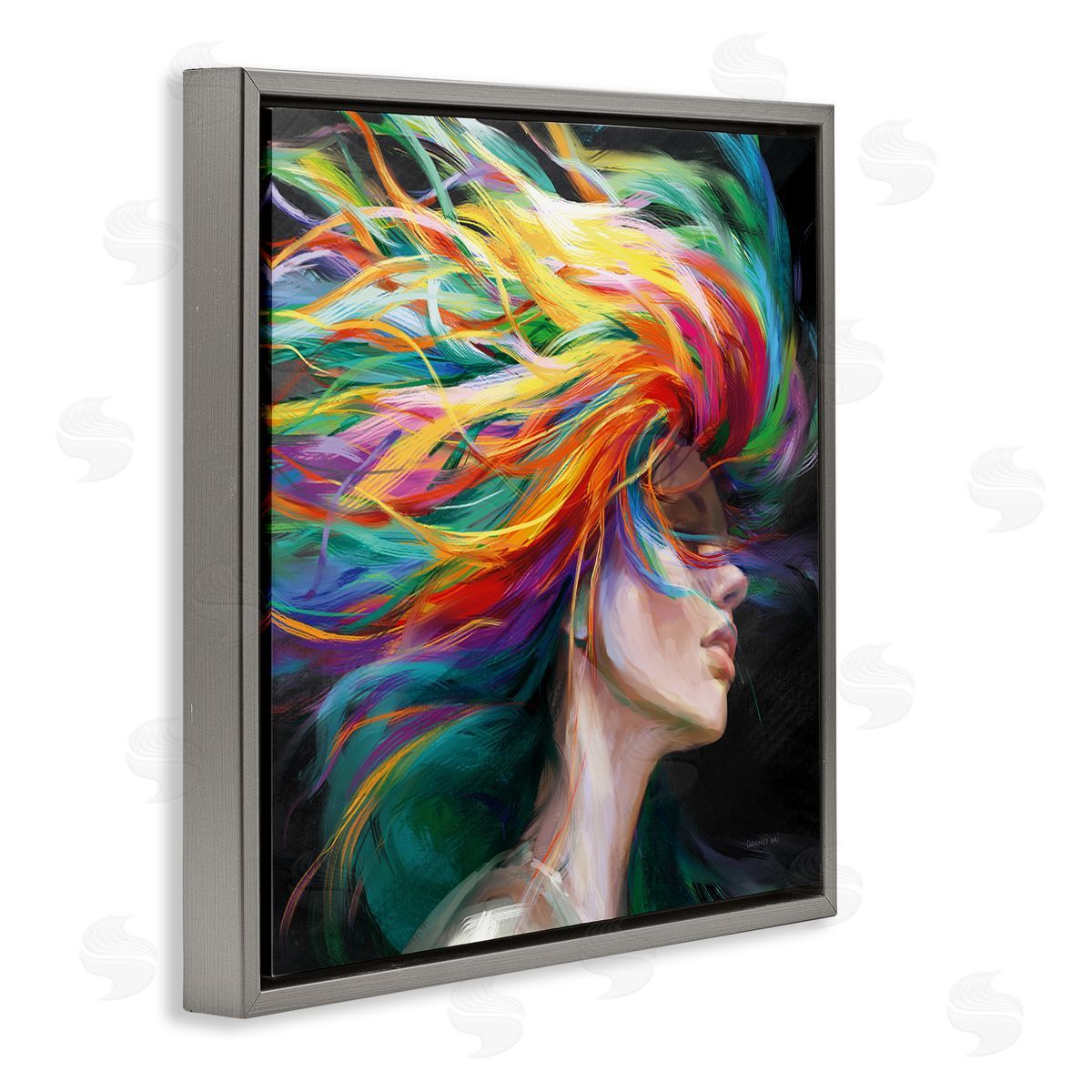 Danhui Nai Woman with Rainbow Hair Gray Floating Frame Canvas Wall Art Print