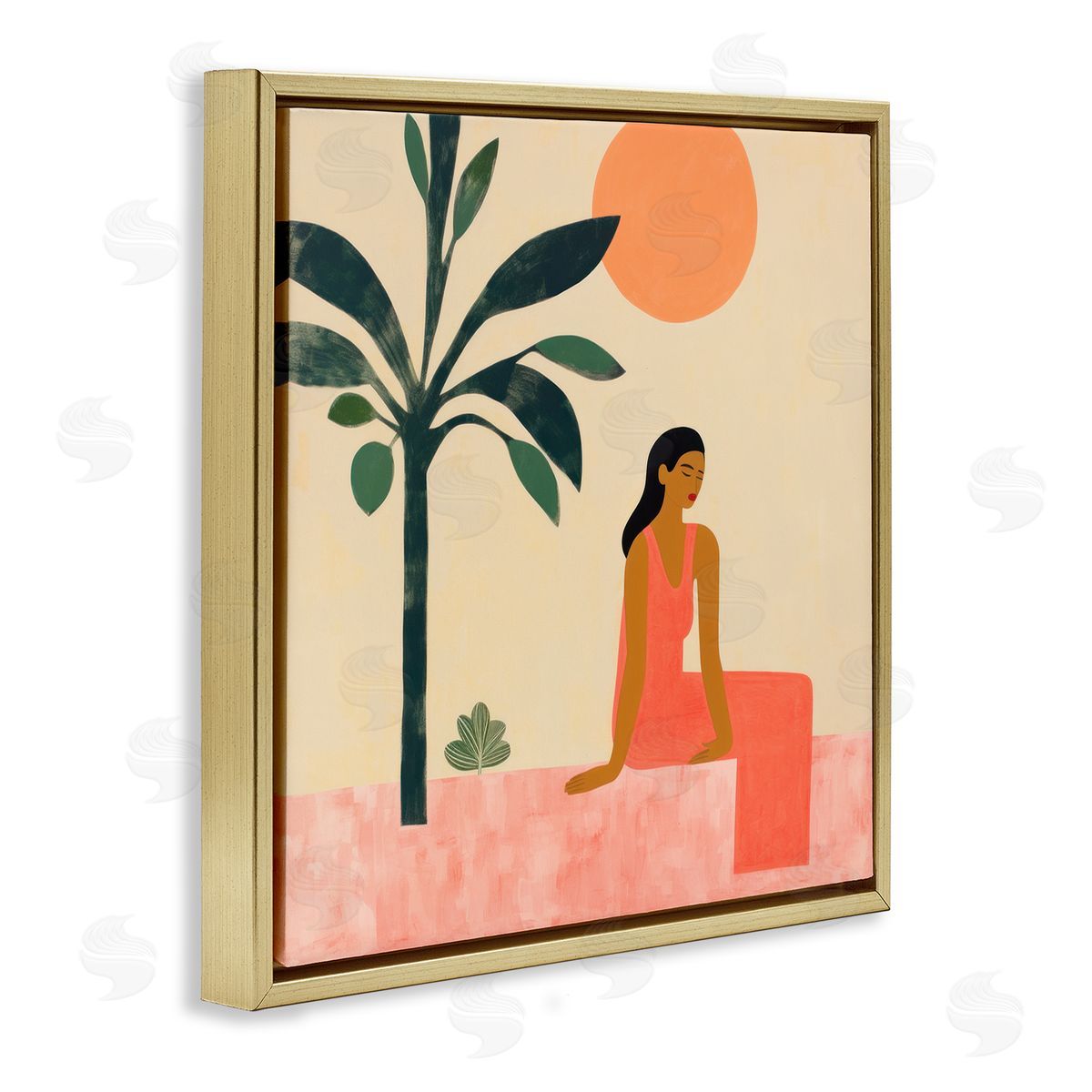 Lazar Studio Tropical Scene & Woman Gold Floating Frame Canvas Wall Art Print