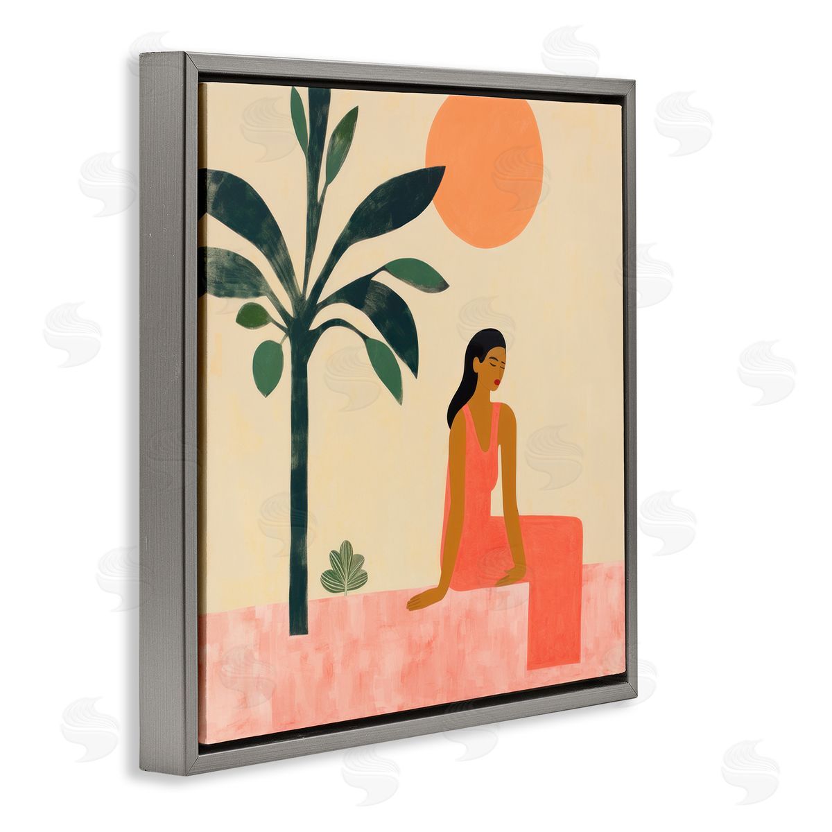 Lazar Studio Tropical Scene & Woman Gray Floating Frame Canvas Wall Art Print