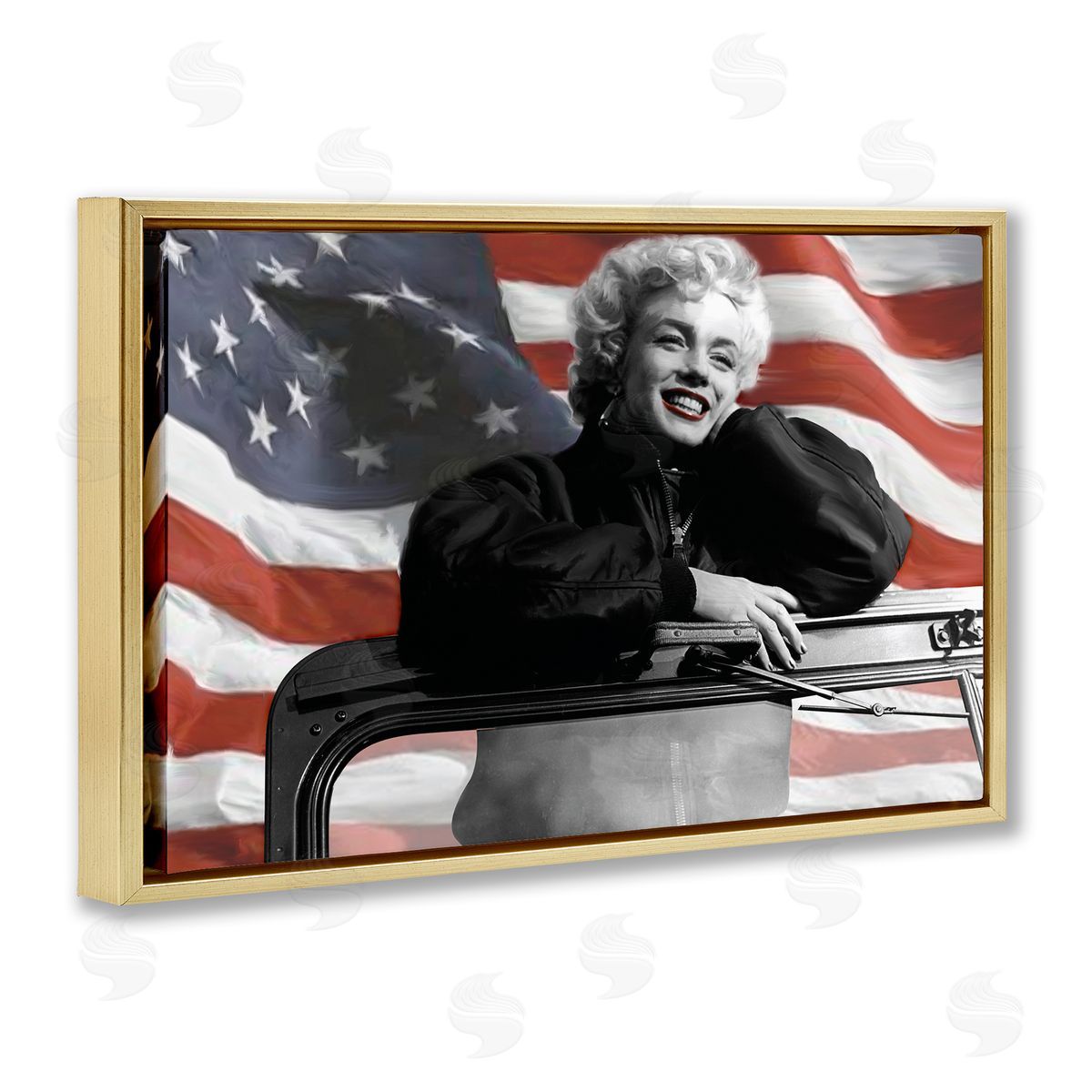 Jadei Graphics Marilyn & Waving Flag Gold Floating Frame Canvas Wall Art Print