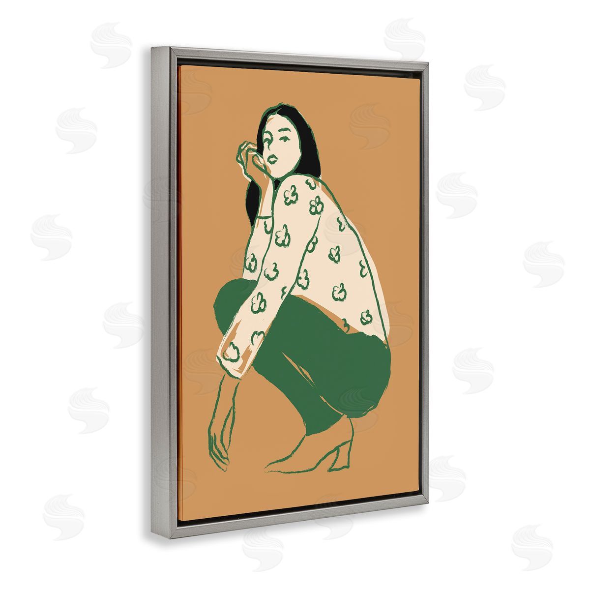 Fashion Girl Kneeling Grey Floating Frame Canvas Wall Art, Home Decor by Incado