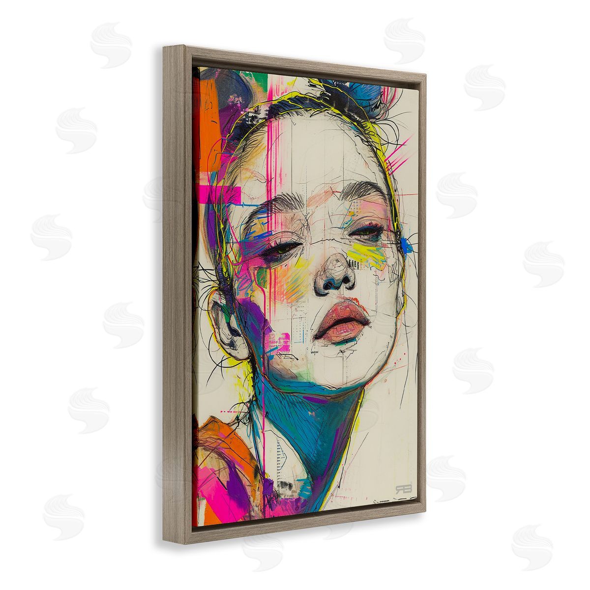 Bright Sketch Visage Brown Floating Frame Canvas Wall Art, Home Decor by Roozbeh Bahramali