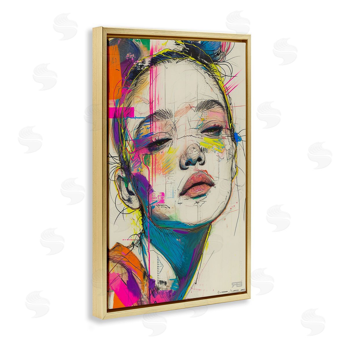 Bright Sketch Visage Gold Floating Frame Canvas Wall Art, Home Decor by Roozbeh Bahramali