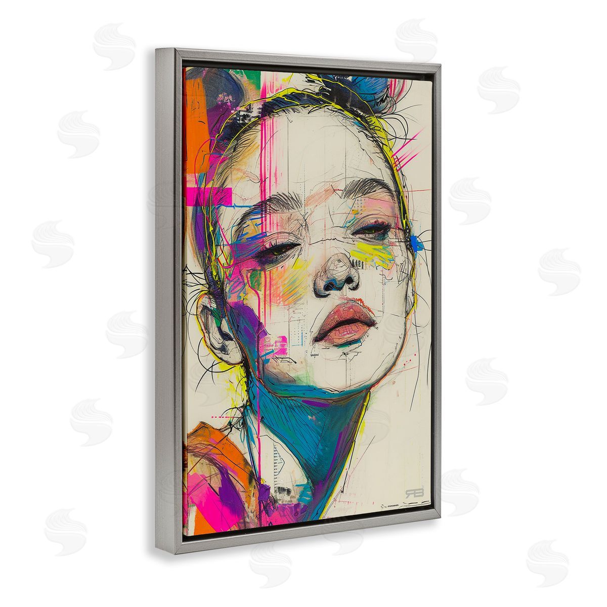Bright Sketch Visage Grey Floating Frame Canvas Wall Art, Home Decor by Roozbeh Bahramali