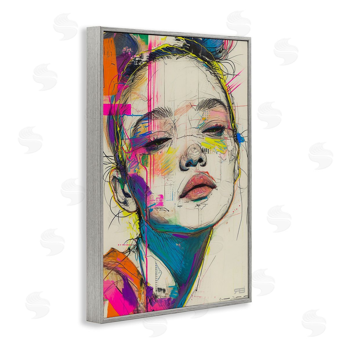 Bright Sketch Visage Grey Frame Print Wall Art, Home Decor by Roozbeh Bahramali