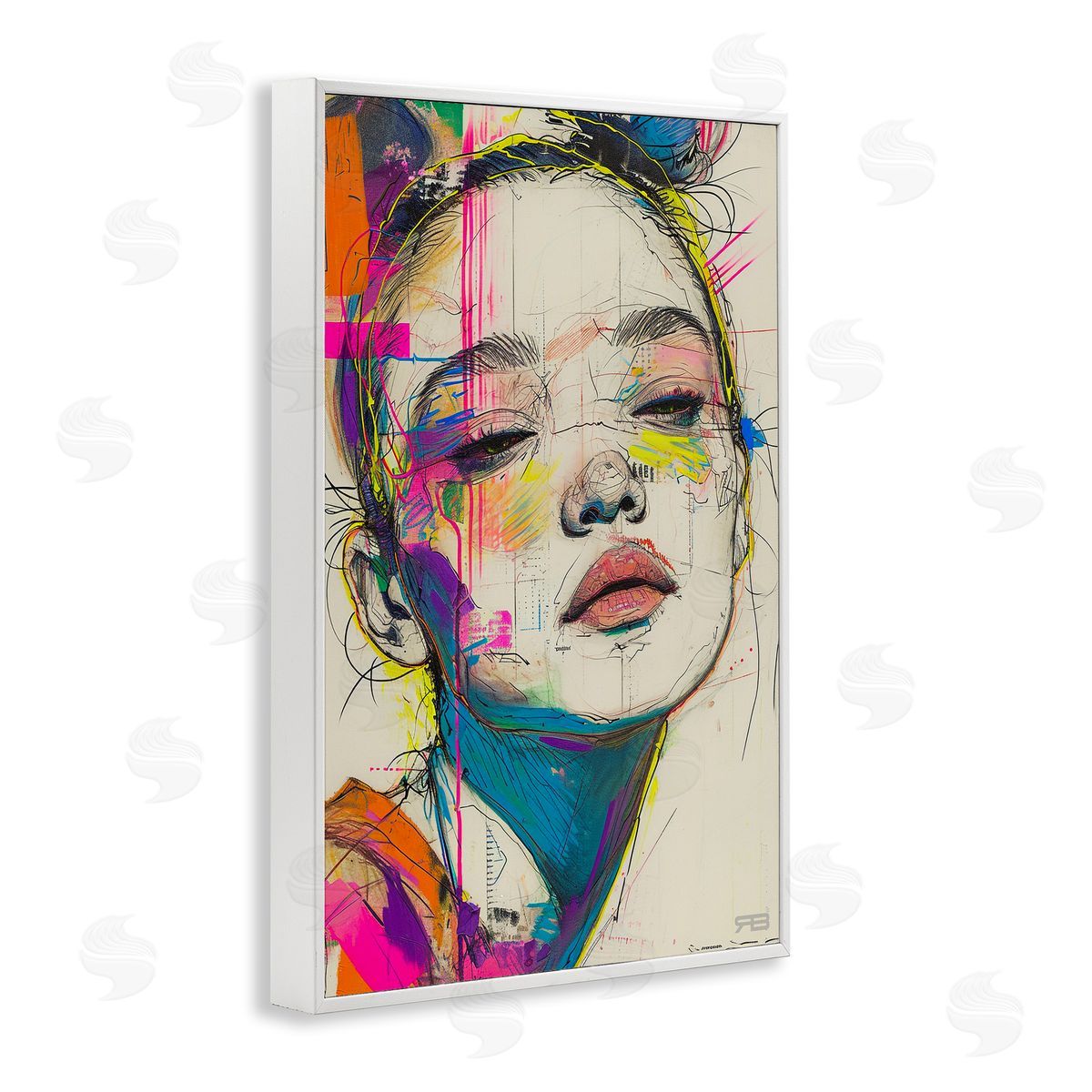 Bright Sketch Visage White Frame Print Wall Art, Home Decor by Roozbeh Bahramali