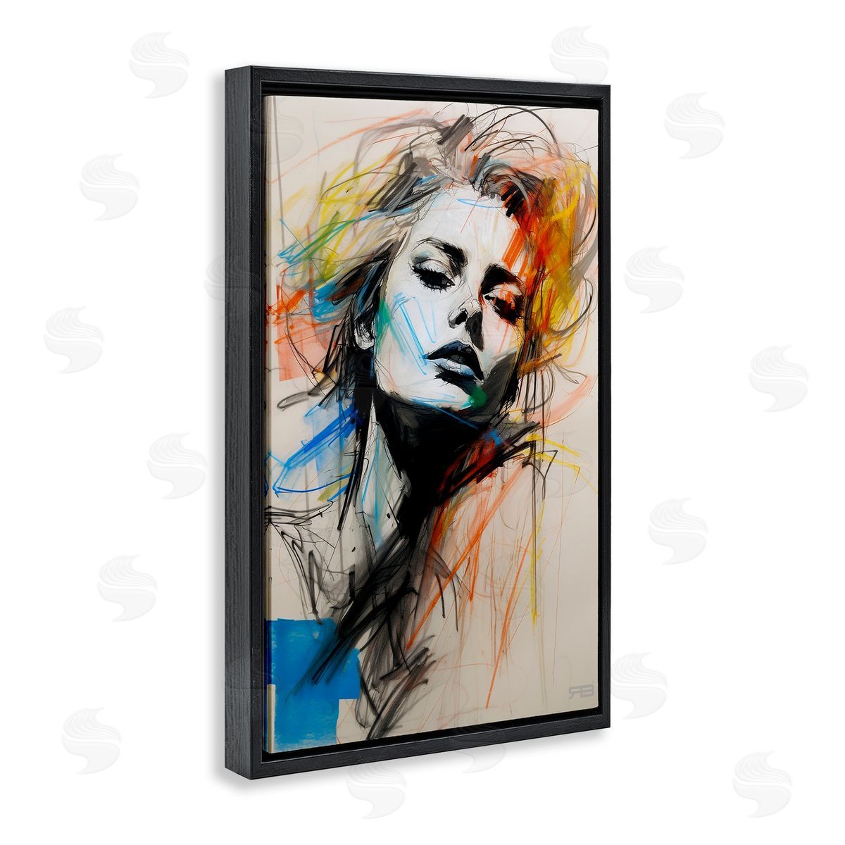 Chaotic Sketch Portrait Black Floating Frame Canvas Wall Art, Home Decor by Roozbeh Bahramali