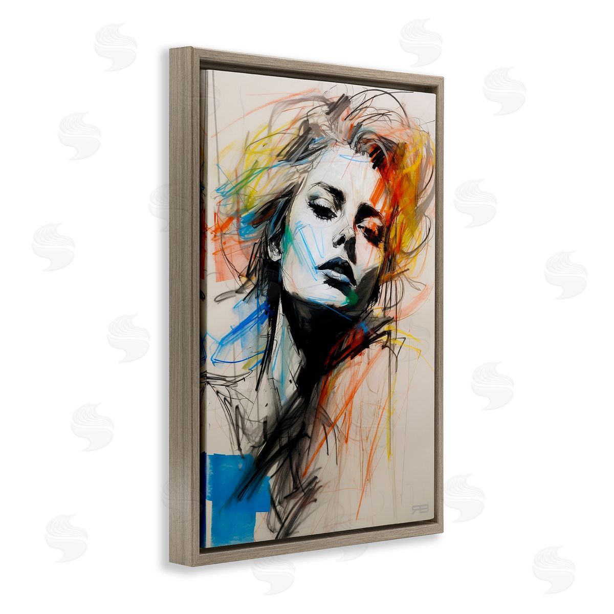 Chaotic Sketch Portrait Brown Floating Frame Canvas Wall Art, Home Decor by Roozbeh Bahramali