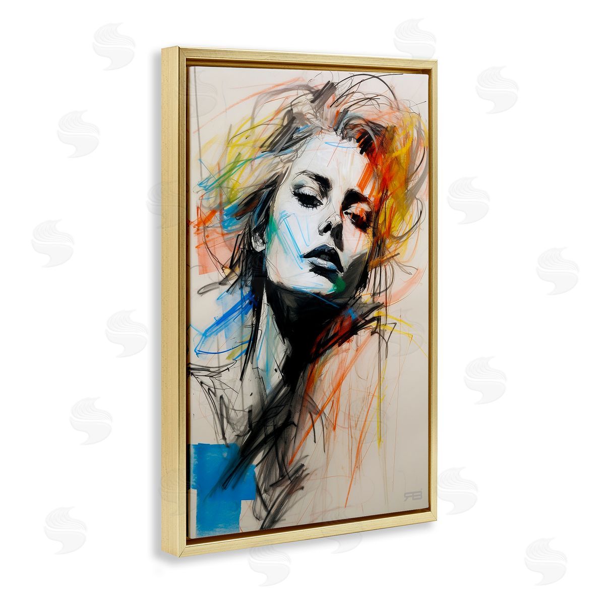 Chaotic Sketch Portrait Gold Floating Frame Canvas Wall Art, Home Decor by Roozbeh Bahramali