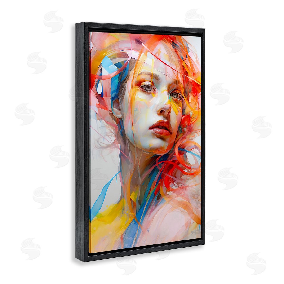 Swirling Hair Portrait Black Floating Frame Canvas Wall Art, Home Decor by Roozbeh Bahramali