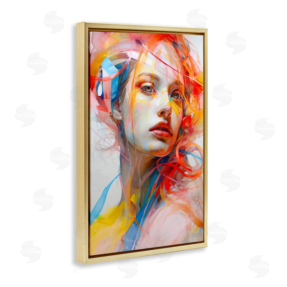 Swirling Hair Portrait Gold Floating Frame Canvas Wall Art, Home Decor by Roozbeh Bahramali
