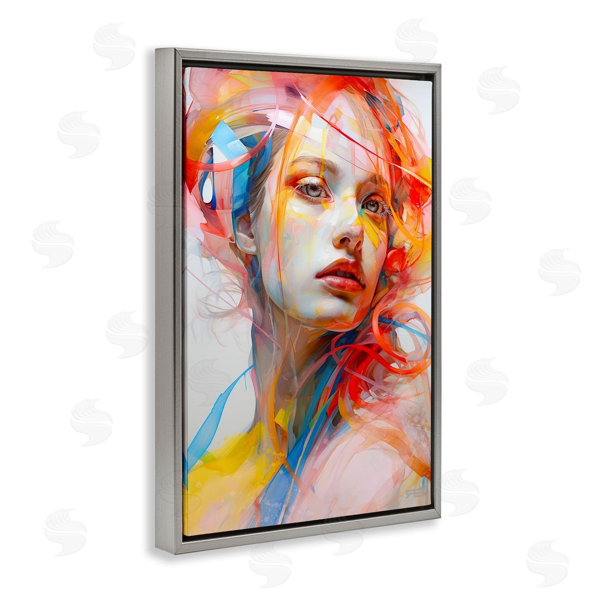 Swirling Hair Portrait Grey Floating Frame Canvas Wall Art, Home Decor by Roozbeh Bahramali