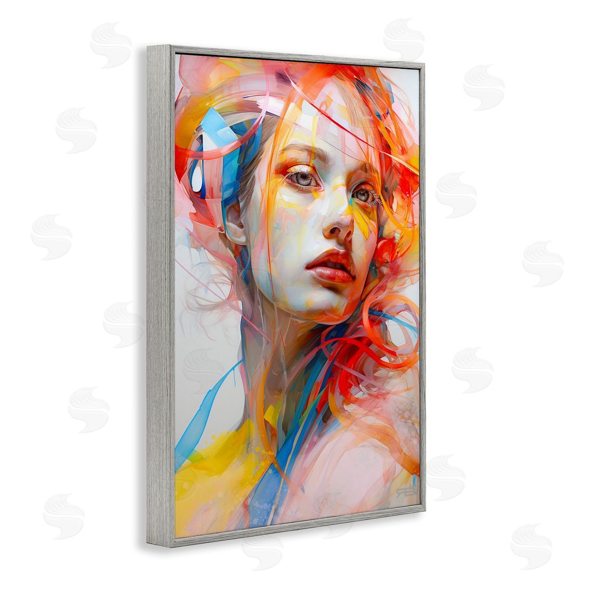 Swirling Hair Portrait Grey Frame Print Wall Art, Home Decor by Roozbeh Bahramali