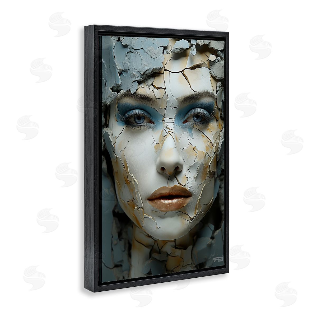 Cracked Face Abstraction Black Floating Frame Canvas Wall Art, Home Decor by Roozbeh Bahramali