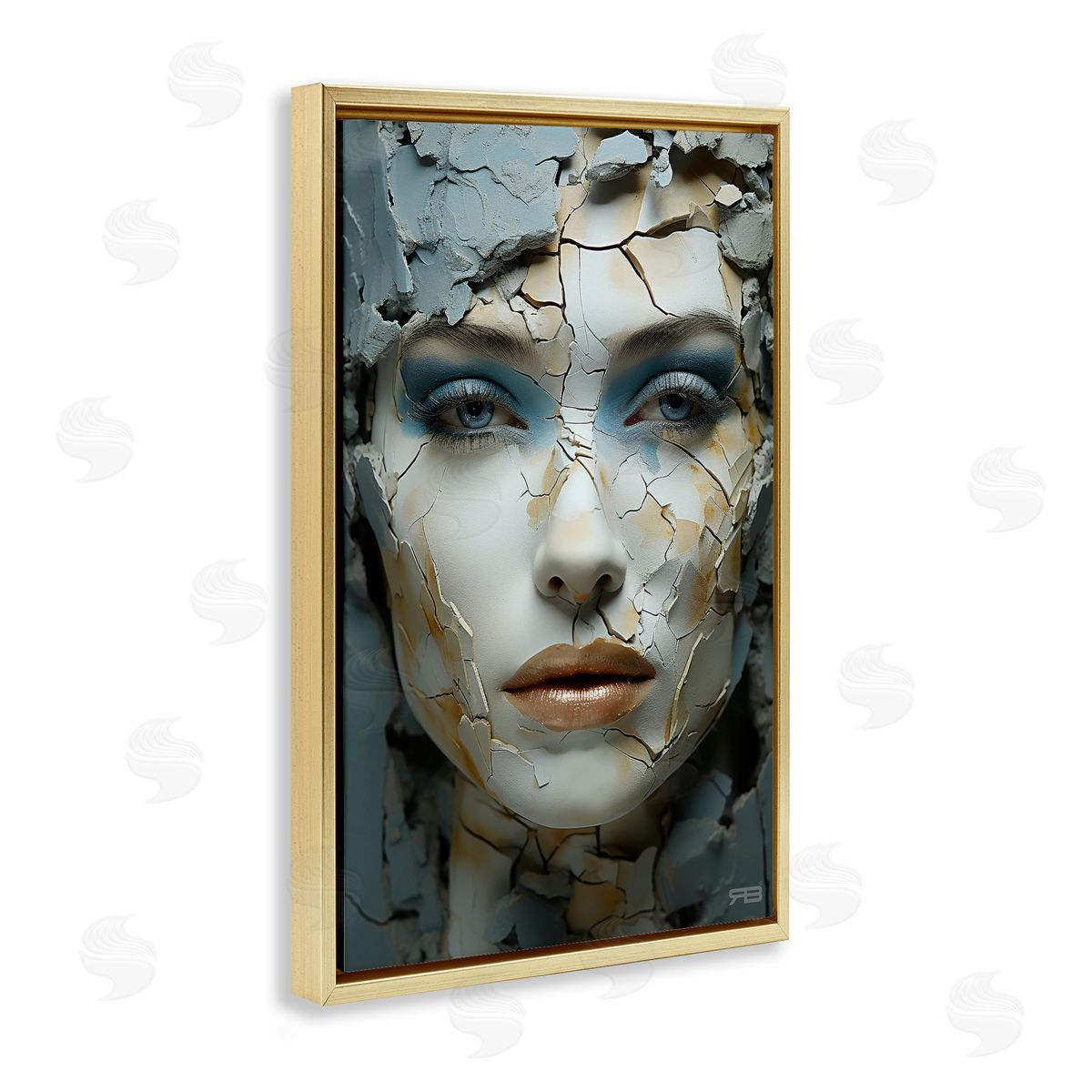 Cracked Face Abstraction Gold Floating Frame Canvas Wall Art, Home Decor by Roozbeh Bahramali