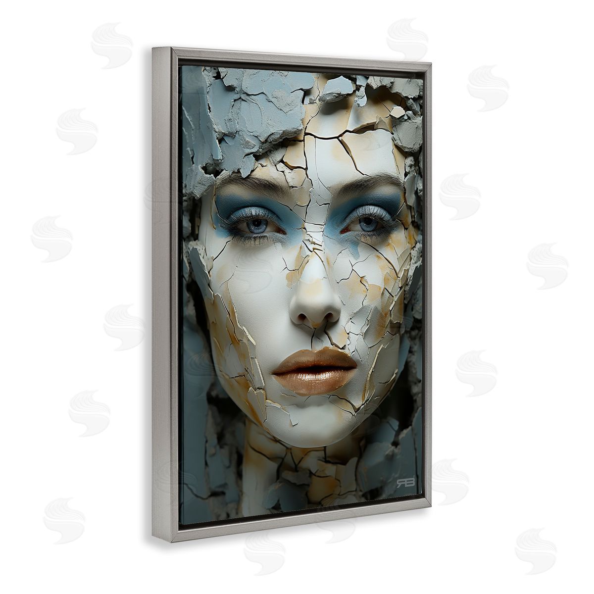Cracked Face Abstraction Grey Floating Frame Canvas Wall Art, Home Decor by Roozbeh Bahramali