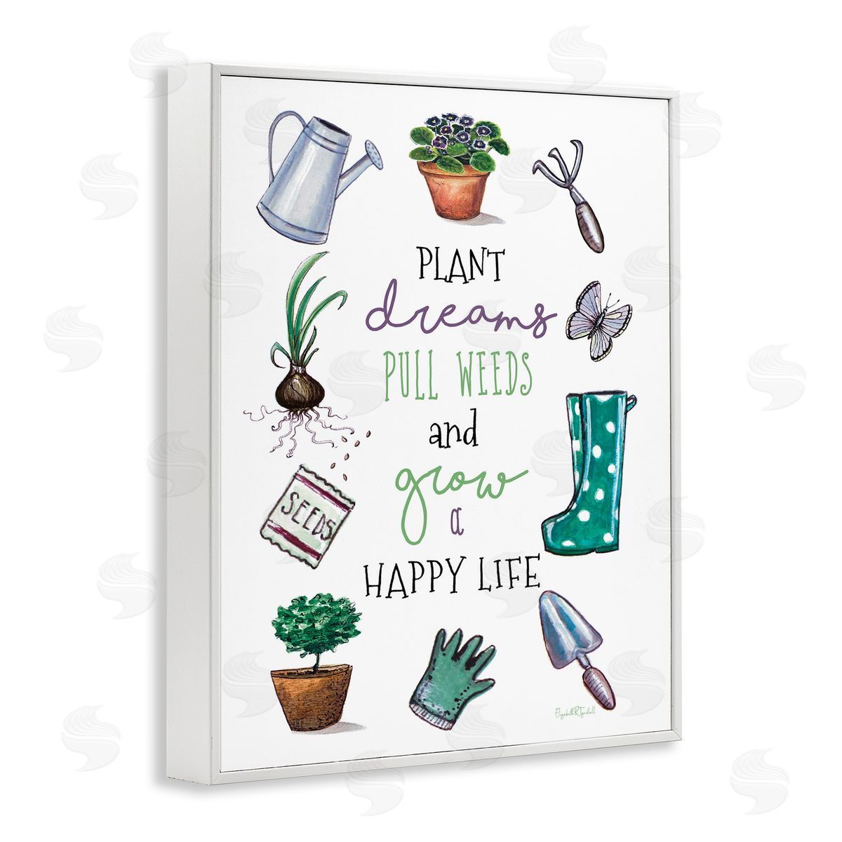 Grow a Happy Life White Frame Print Wall Art, Home Decor by Elizabeth Tyndal