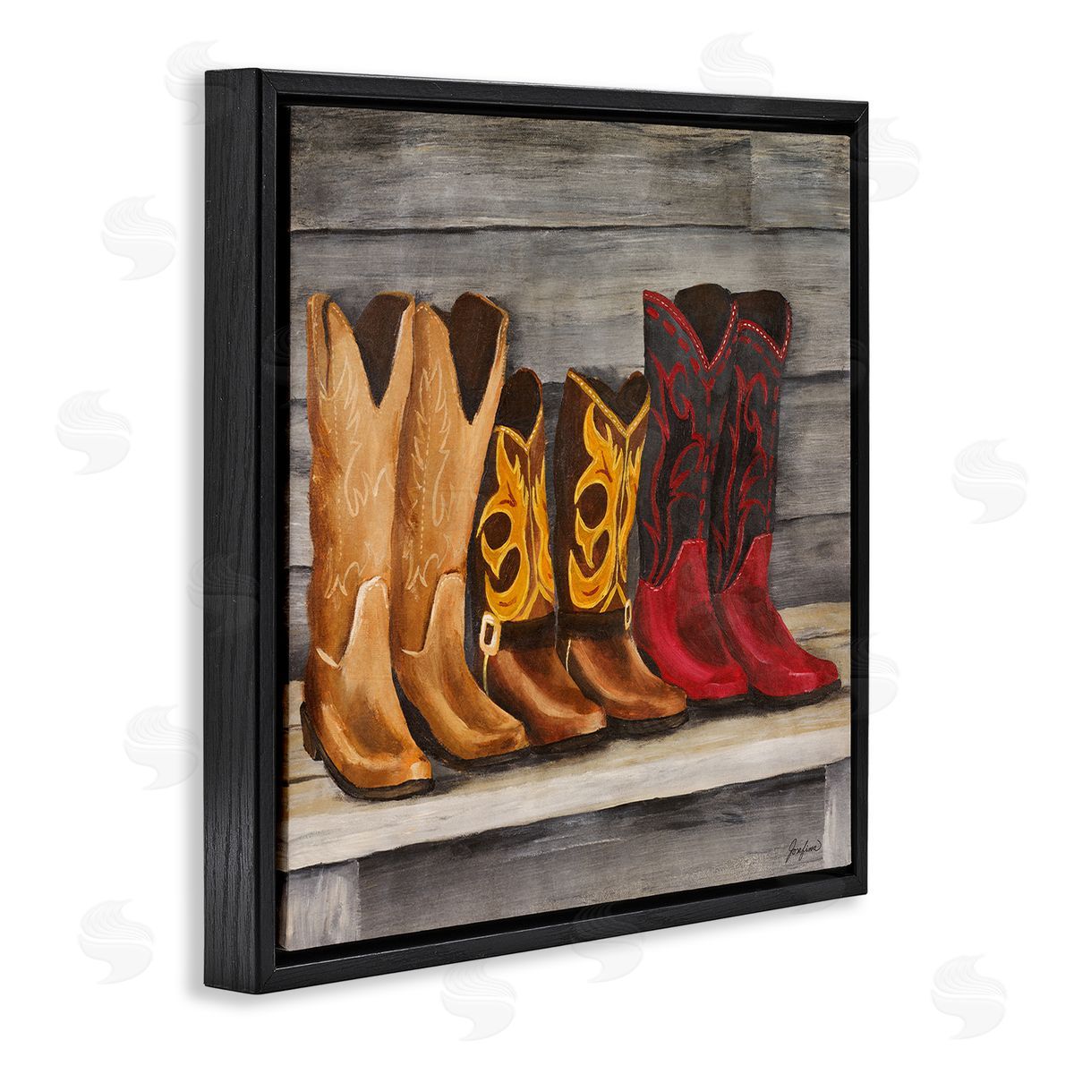 Josefina Lined Up Cowboy Boots Black Floating Frame Canvas Wall Art Print