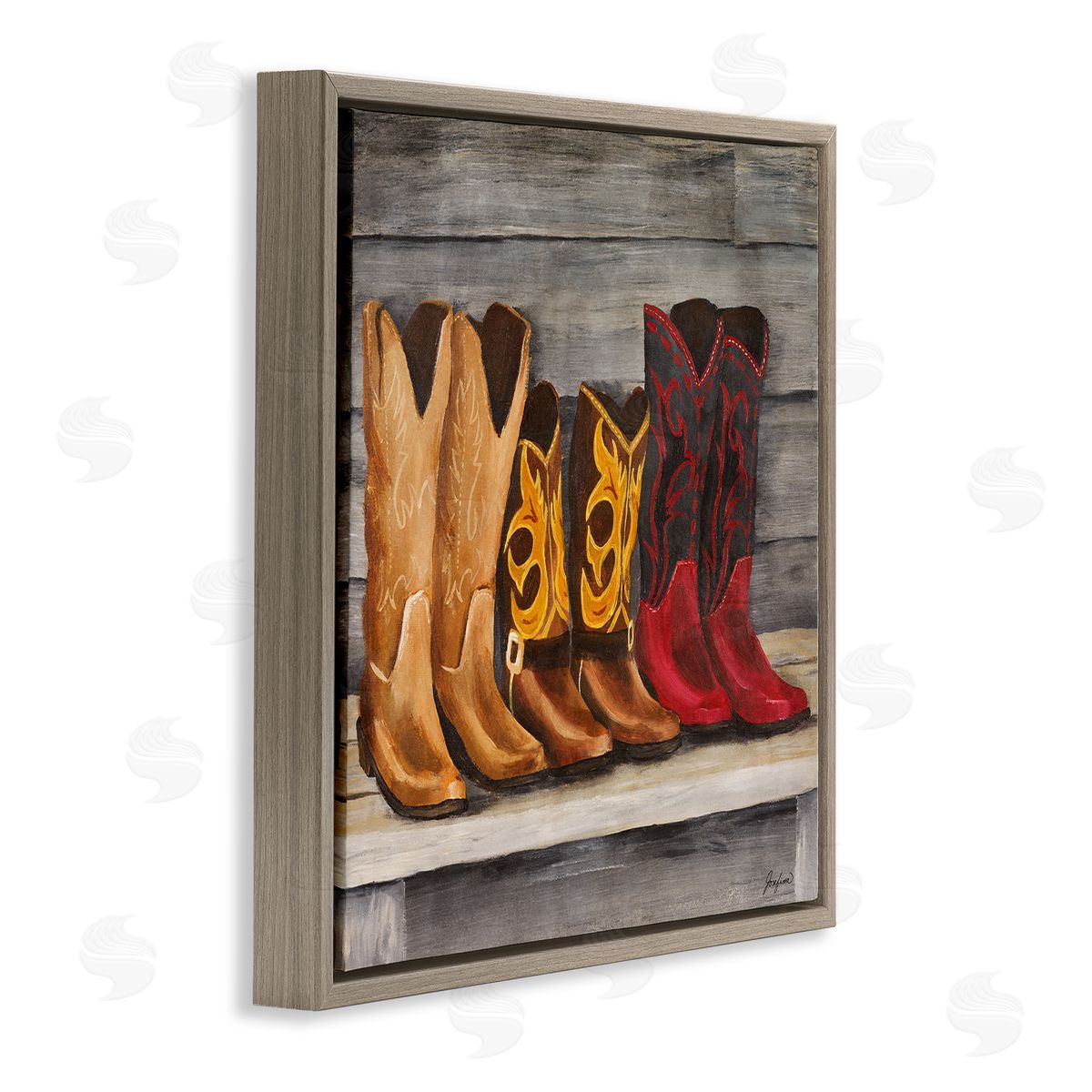 Josefina Lined Up Cowboy Boots Brown Floating Frame Canvas Wall Art Print