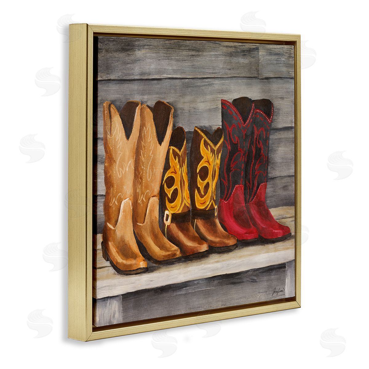 Josefina Lined Up Cowboy Boots Gold Floating Frame Canvas Wall Art Print