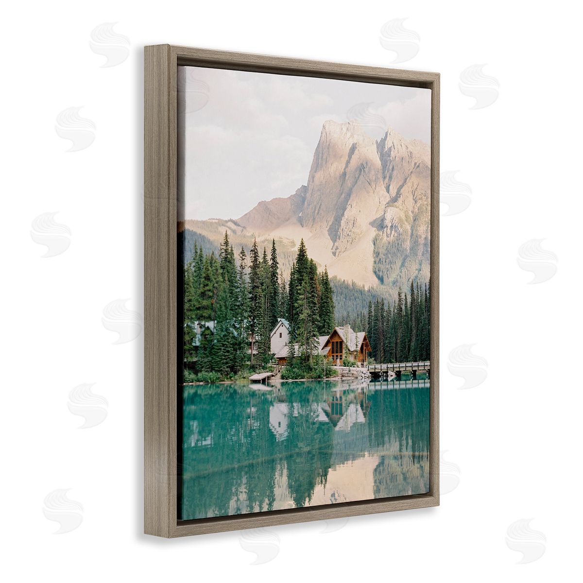 Lakeside Cabin Landscape Brown Floating Frame Canvas Wall Art, Home Decor by Justine Milton