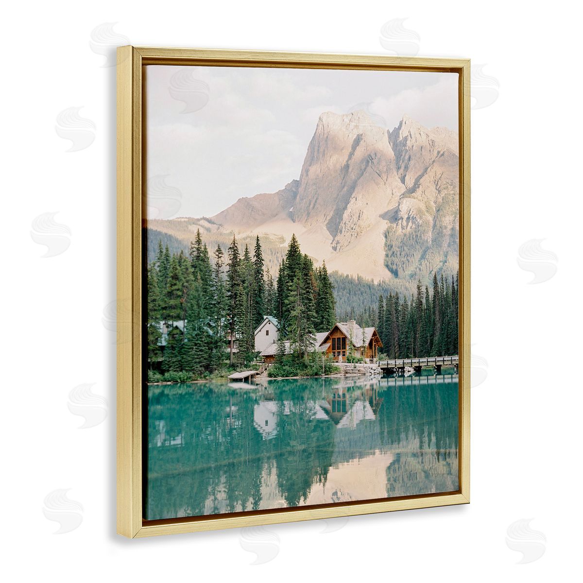 Lakeside Cabin Landscape Gold Floating Frame Canvas Wall Art, Home Decor by Justine Milton