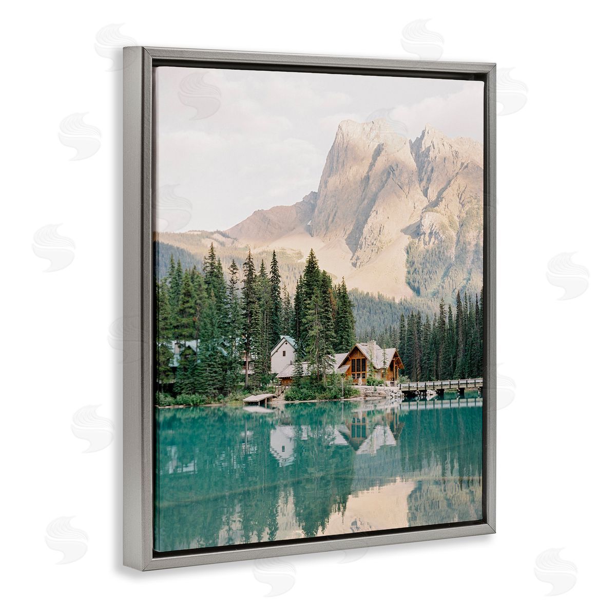 Lakeside Cabin Landscape Grey Floating Frame Canvas Wall Art, Home Decor by Justine Milton