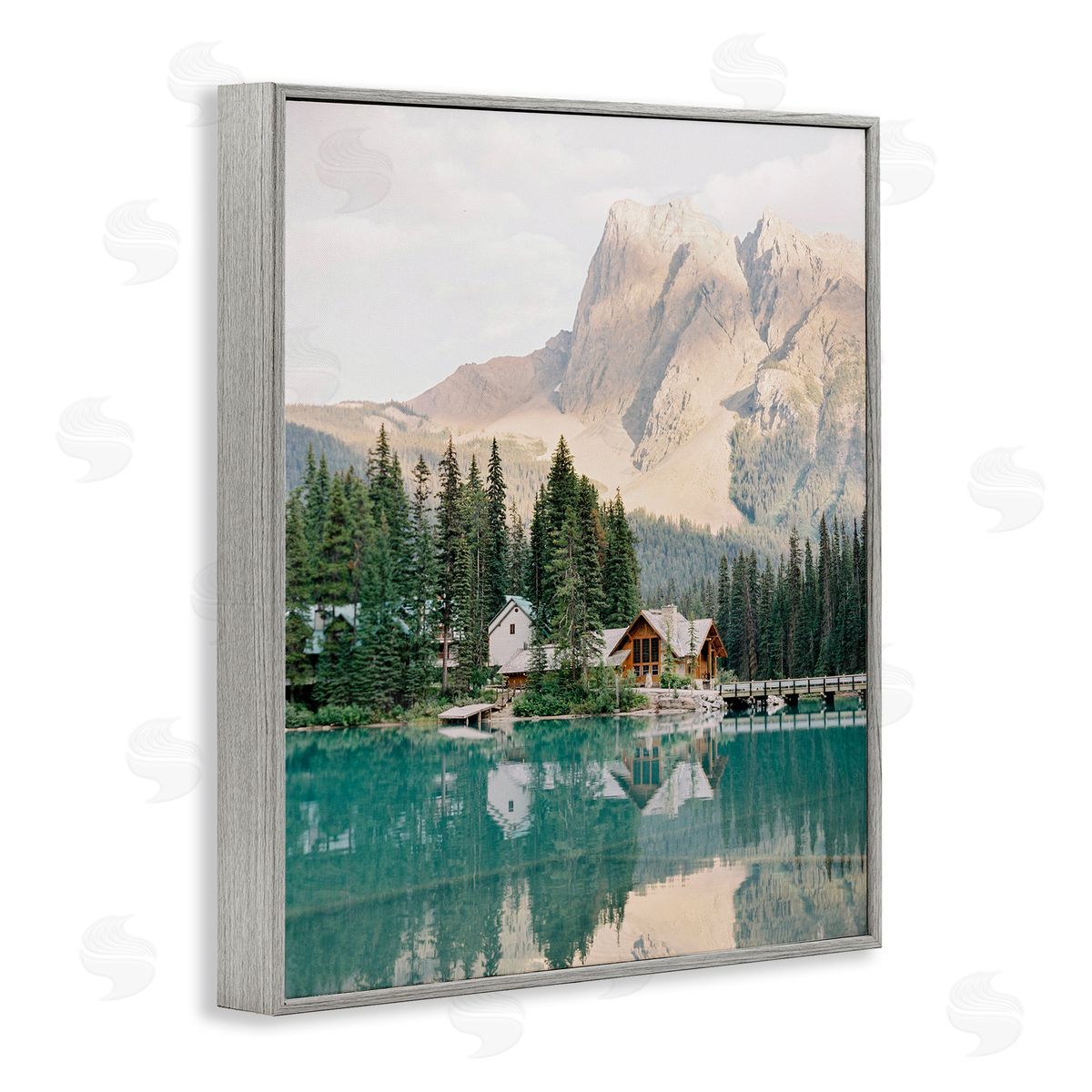 Lakeside Cabin Landscape Grey Frame Print Wall Art, Home Decor by Justine Milton