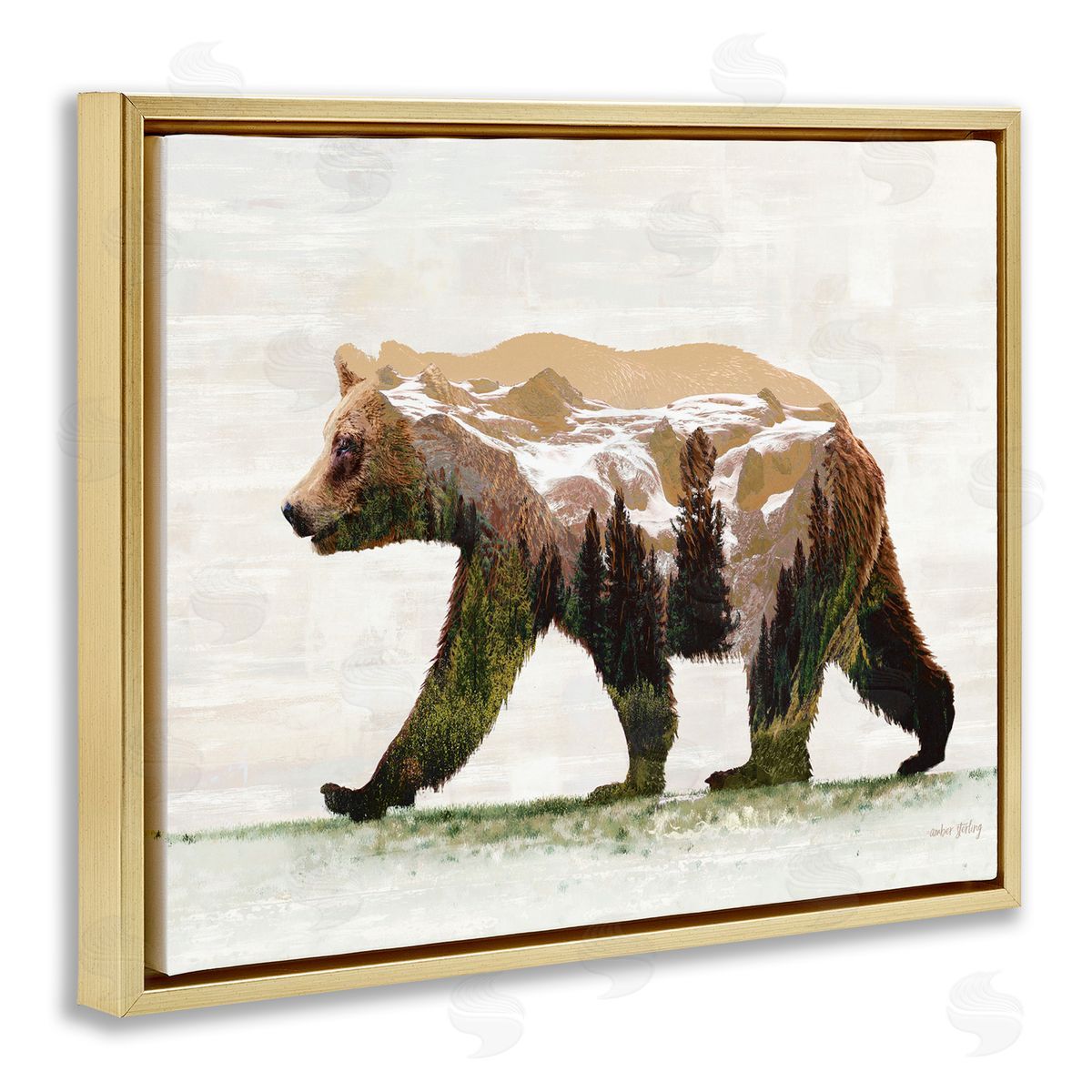 Woodland Pattern Bear Gold Floating Frame Canvas Wall Art, Home Decor by Amber Sterling