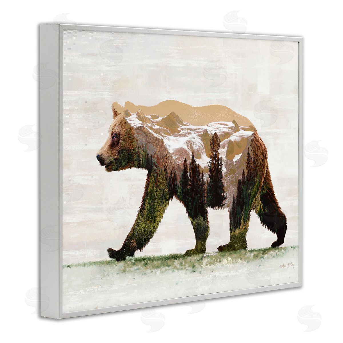 Woodland Pattern Bear White Frame Print Wall Art, Home Decor by Amber Sterling