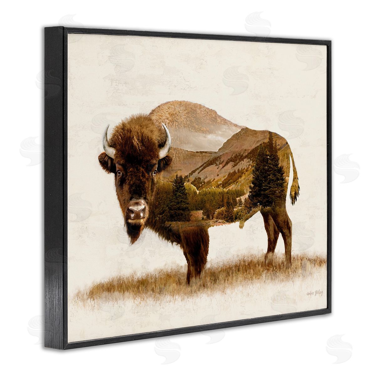 Nature Patterned Bison Black Frame Print Wall Art, Home Decor by Amber Sterling