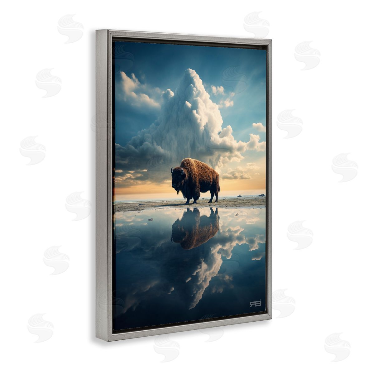 Bison and Reflective Clouds Grey Floating Frame Canvas Wall Art, Home Decor by Roozbeh Bahramali