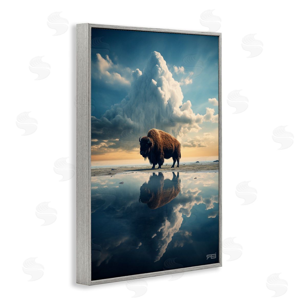 Bison and Reflective Clouds Grey Frame Print Wall Art, Home Decor by Roozbeh Bahramali
