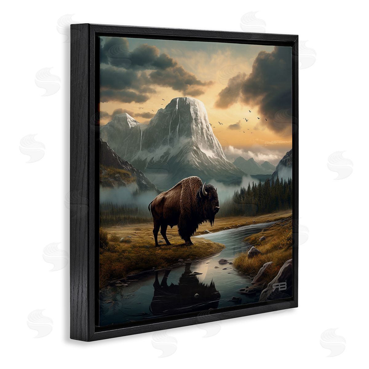 RB Bison & Vast Mountains Black Floating Frame Canvas Wall Art Print