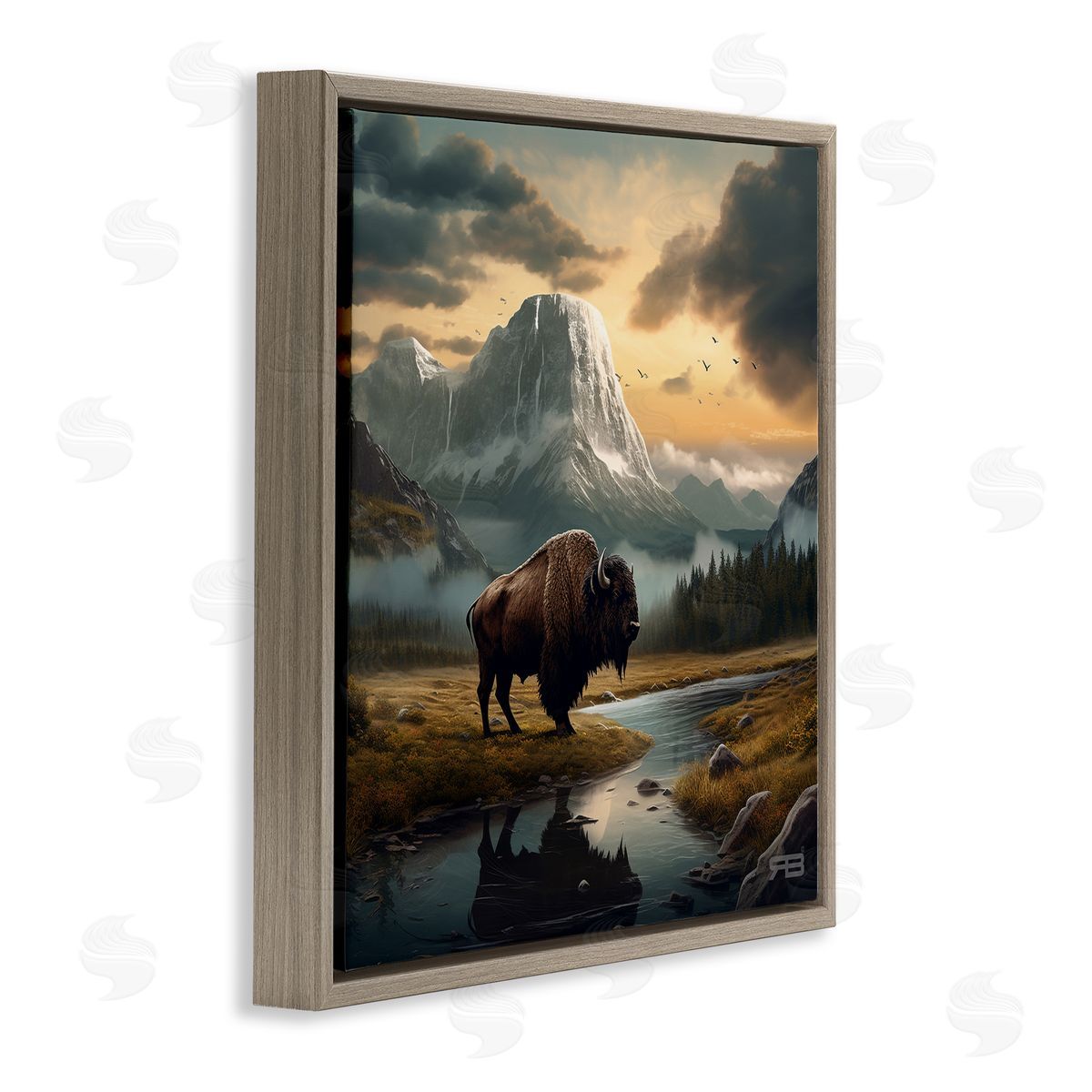 RB Bison & Vast Mountains Brown Floating Frame Canvas Wall Art Print