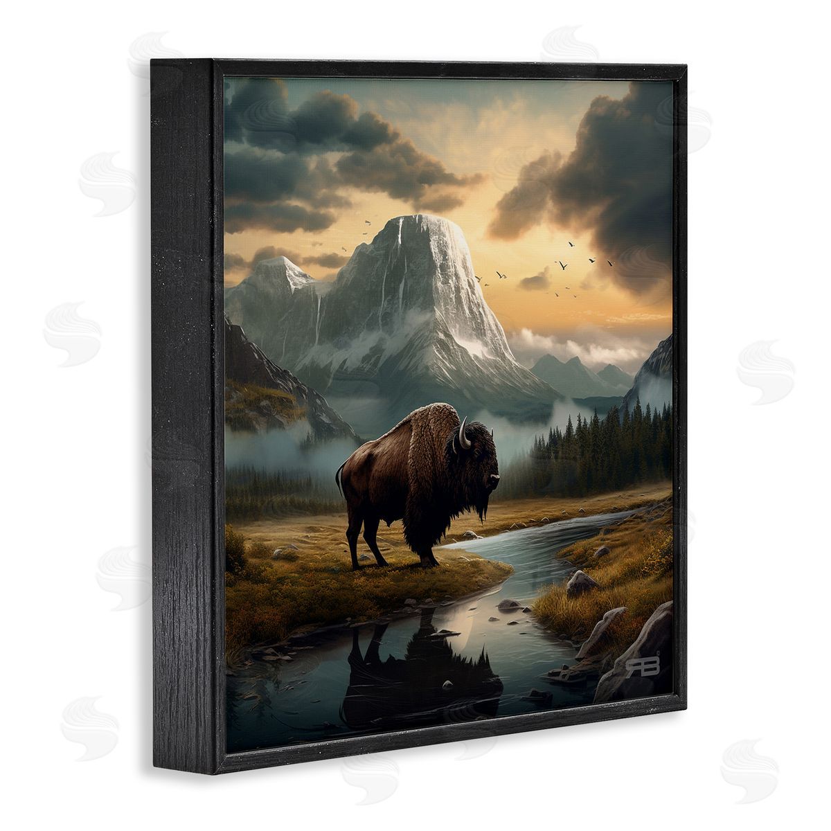 RB Bison & Vast Mountains Black Framed Giclee Wall Art Print